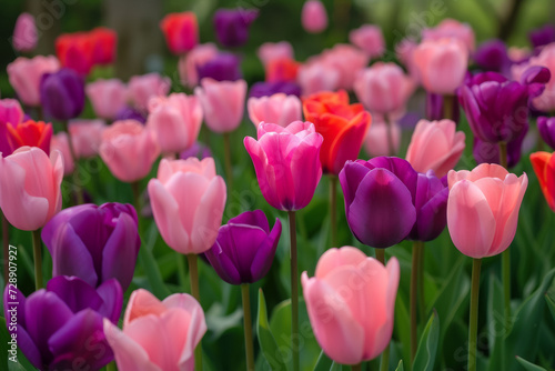 Flowerbed with spring tulips. Background with selective focus and copy space