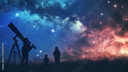 group of people with a telescope at night on a mountain