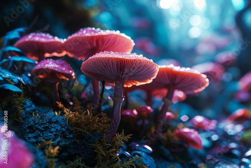 Mushrooms in the forest. Backdrop with selective focus and copy space