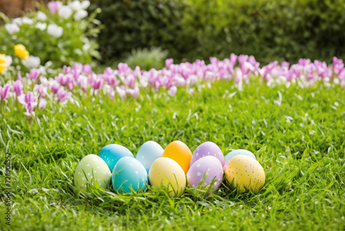 Vibrant Easter egg hunt in blooming garden, pastel-colored eggs hidden among the flowers and green grass on sunny spring day, copy space for text