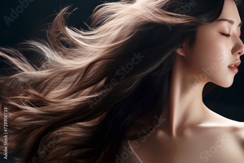 Slika na platnu 黒の背景に若いアジア人女性の躍動感のある輝く髪の毛。
