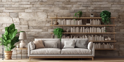 Stone wall interior room with wood decor, bookshelf, sofa, plant vase, table, carpet, home decor.