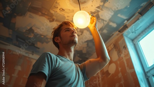 Electrician worker installing electric lamps light inside a house that is being renovated photo