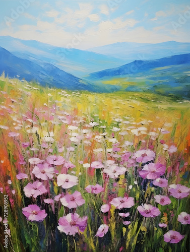 Art oil painting with meadow mountain flowers in spring