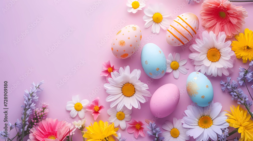 Easter banner with decorative Easter eggs with flowers on soft color background Easter banner with decorative Easter eggs with flowers on soft color background