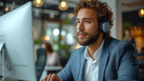 Customer support worker with wireless headphones sitting in his office