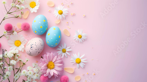Easter banner with decorative Easter eggs with flowers on soft color background