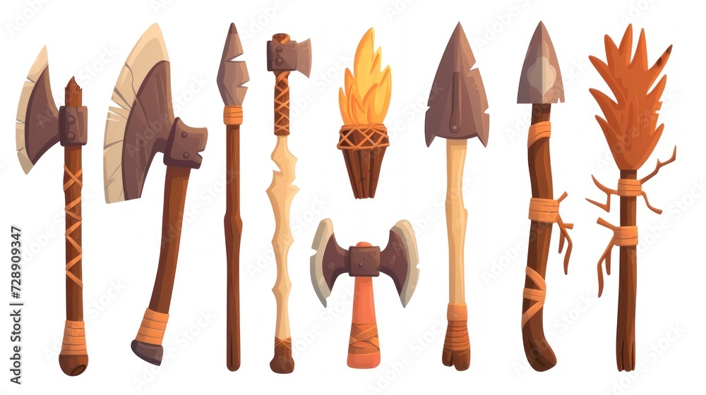 handmade illustration of a group of caveman weapons. concept history of ...