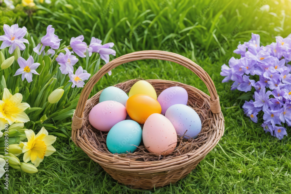 Vibrant Easter egg hunt in blooming garden, pastel-colored eggs in wicker basket hidden among the flowers and green grass on sunny spring day, golden hour
