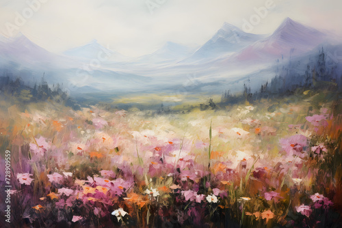 Art oil painting with meadow mountain flowers in spring photo