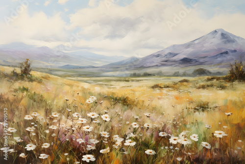 Art oil painting with meadow mountain flowers in spring
