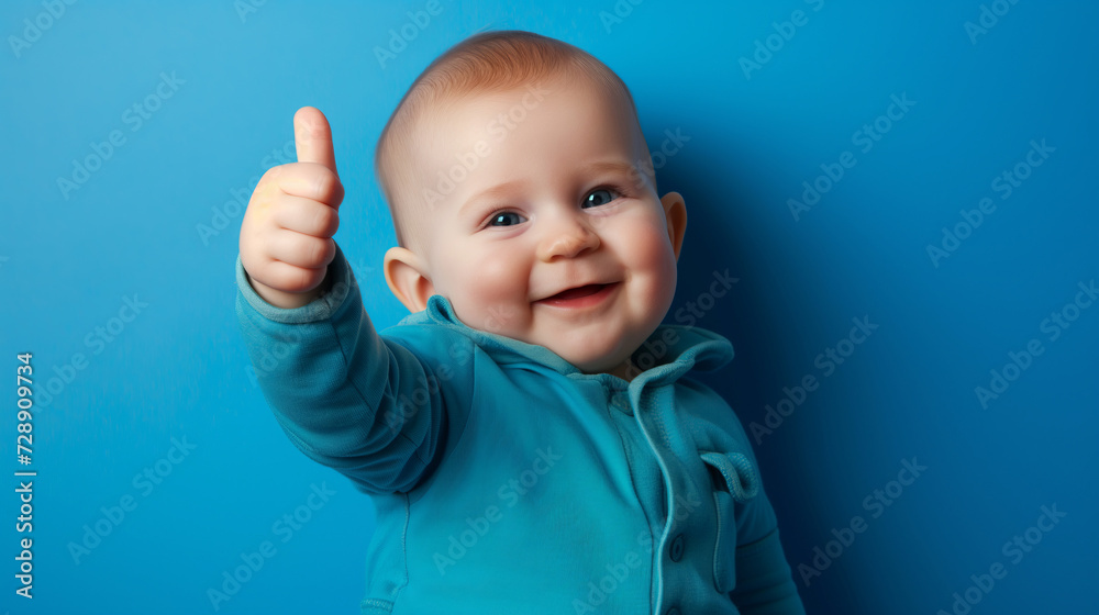 Cheerful Caucasian Baby Boy Giving Thumbs Up, Blue Background Cheerful Caucasian Baby Boy Giving Thumbs Up, Blue Background
