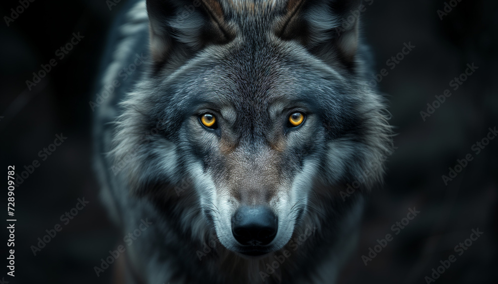intense gaze of a grey wolf is captured in a symmetrical close-up, highlighting its piercing yellow eyes and the rich texture of its fur against the dark backdrop of the forest