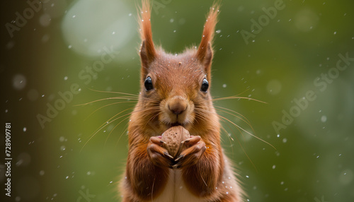 A red squirrel, dampened by rain droplets, holds a nut between its paws, attentively facing the camera with a green, bokeh background