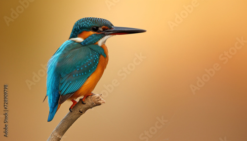 A kingfisher with striking blue and orange plumage is perched on a branch, its sharp profile set against a smooth, warm brown background
