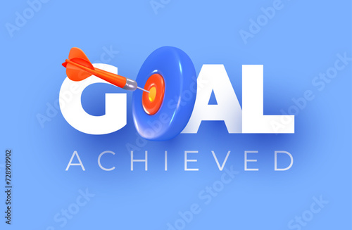 "Goal" title. The dart hits the target. Concept of victory, winning, achieving a goal. In 3D style. Vector illustration