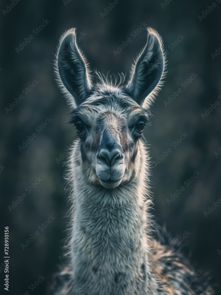 Llama head in a grayscale portrait, farm animal image, alpaca