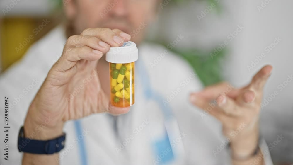 A man in a lab coat examines a pill bottle in a medical office, suggesting a healthcare setting. A man in a lab coat examines a pill bottle in a medical office, suggesting a healthcare setting.