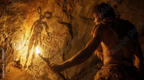 caveman with a torch inside a cave observing cave painting handmade by his ancestors at night in high resolution