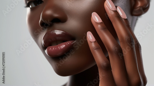 Nude Manicure and Glossy Lips on African American Woman, Nail Salon Ad
