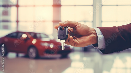 A man's hand holds the key to a new car on a blurred background at a car showroom © Margo_Alexa