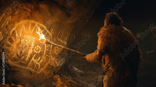 Caveman with a torch inside a cave observing cave painting handmade by his ancestors at night in high resolution and high quality. concept history of cavemen in stone, cave painting