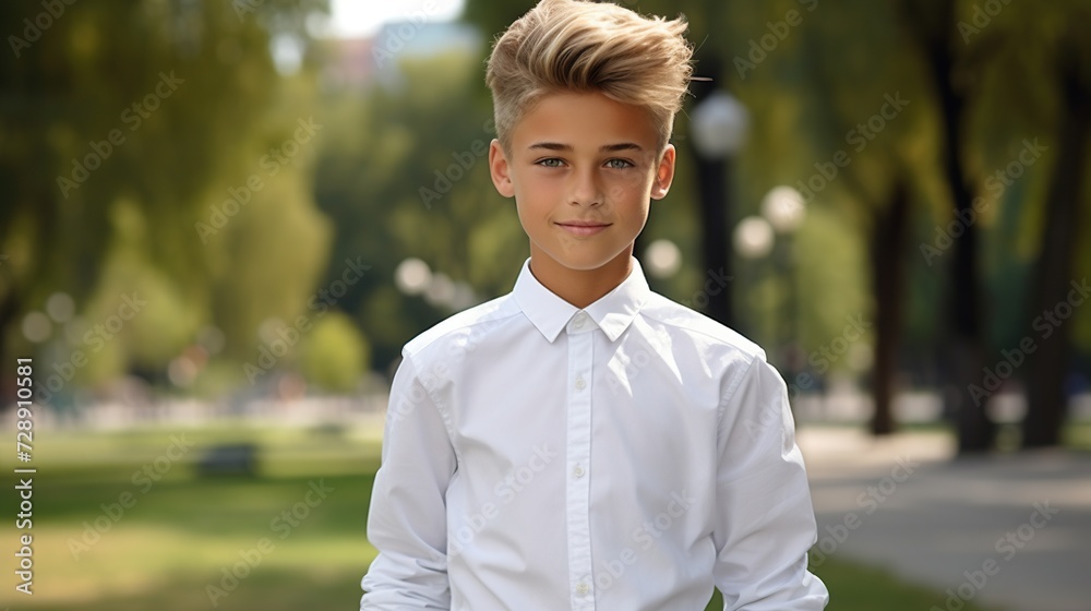 schoolboy walking in the park