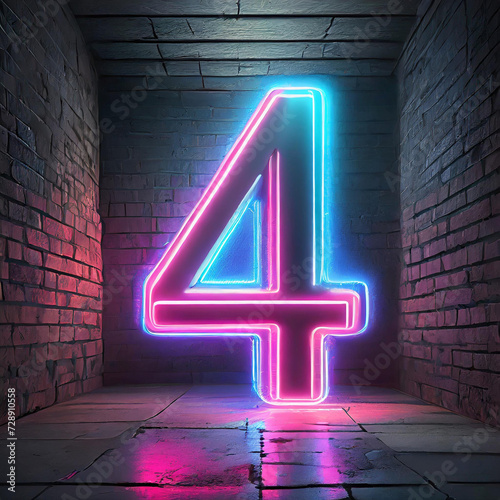 3d neon, light number 4, glowing in the dark, pink, blue, neon light, digital number 4, copy space.,