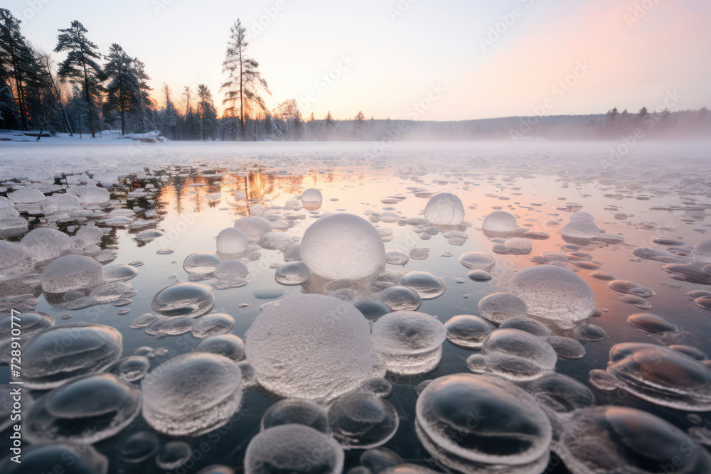 Φωτογραφία Silent Winter Wonderland: A Majestic Snowy Forest reflected in a Frozen River, with a Tranquil Sunset painting the Sky in hues of Blue and White