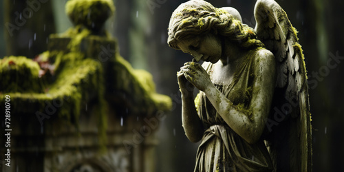 Stone statue of an angel weeping, set in an old cemetery covered in moss