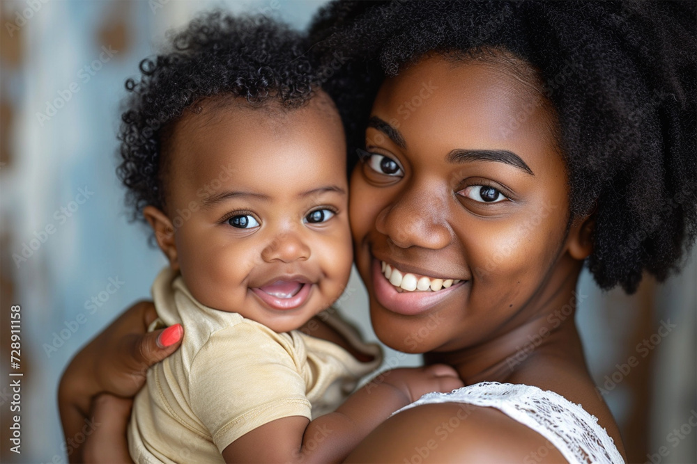 Smiling African American mother holding her baby, both with curly hair, in a loving embrace. Smiling African American mother holding her baby, both with curly hair, in a loving embrace.