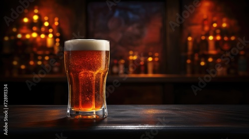 Glass of beer on bar or pub counter. Bottles of alcohol drinks on the background. AI Generated