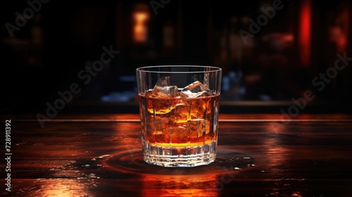 Glass of whiskey with ice on a bar counter. Alcohol drink in restaurant. Dark background. AI Generated 