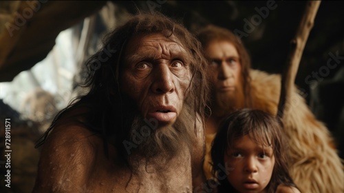 group of cavemen with ape features looking at the camera