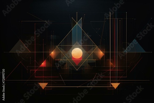 An artwork displaying radiant geometric lines and shapes positioned against a dark backdrop. Generative AI
