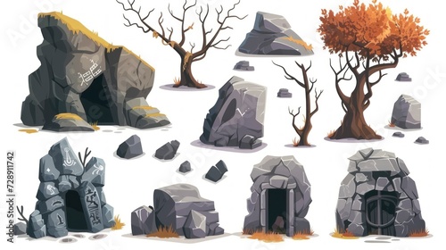 illustration of group of caves and stones, trees used with cavemen on white background in high resolution and quality
