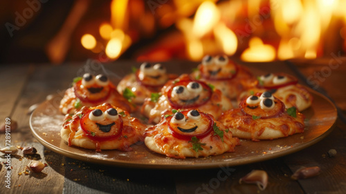 As the fire crackles and sparks in the background a plate of mini pizzas takes center stage. Each one is a work of art with unique toppings arranged to create adorable faces.