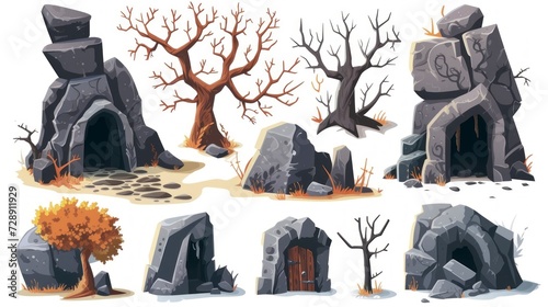 illustration of a group of caves and stones, trees used with cavemen on a white background in high resolution and high quality. concept 3d,2d designs of history