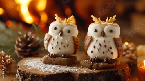 Nestled next to a blazing fire these Marshmallow Owl Smores are a delightful twist on the clic treat with marshmallow owls adding a touch of eness. © Justlight