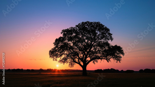 As the sun rises behind the tree its silhouette is highlighted against the evolving colors of the dawn sky.