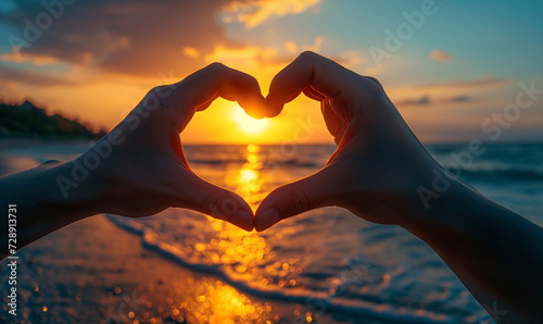 Heart shape by hands and sunset in beach background with bokeh and flare light.