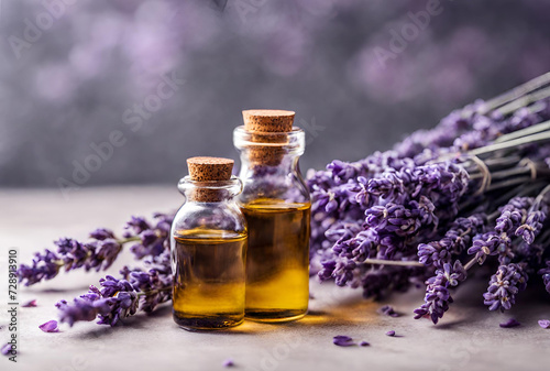 Glass Bottles with Lavender Oil and Lavender Flowers. Lavender oil aromatherapy  spa  massage background 