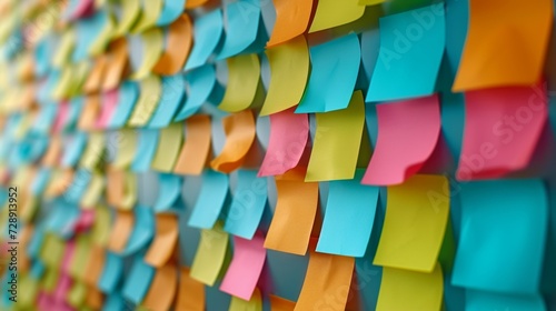 Detailed view of a whiteboard covered in colorful postit notes showcasing employee suggestions and feedback for improving workplace culture.