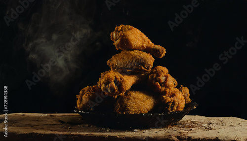 Fried chicken, pile, black plate, close-up
