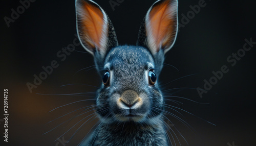 Curious Black Bunny with Big Ears Close-Up