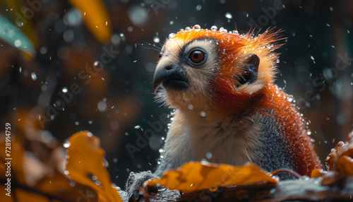 Rain-Drenched Exotic Monkey with Vivid Orange Fur © Castle Studio