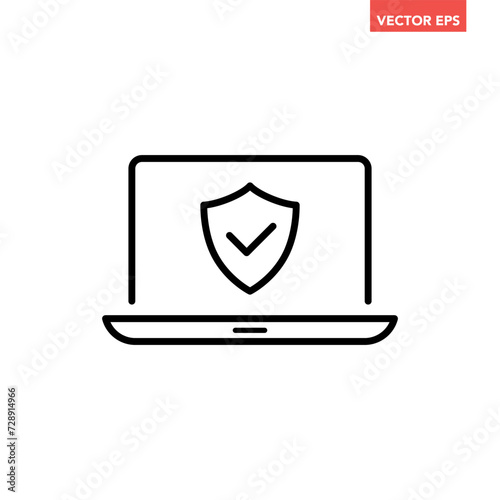 Black single computer with security shield line icon, simple digital technology flat design infographic pictogram vector, for app logo web button ui ux interface elements isolated on white background