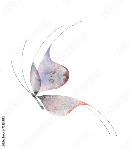 Watercolor butterfly isolated on transparent background. Abstract ethereal hand-drawn illustration blue purple insect
