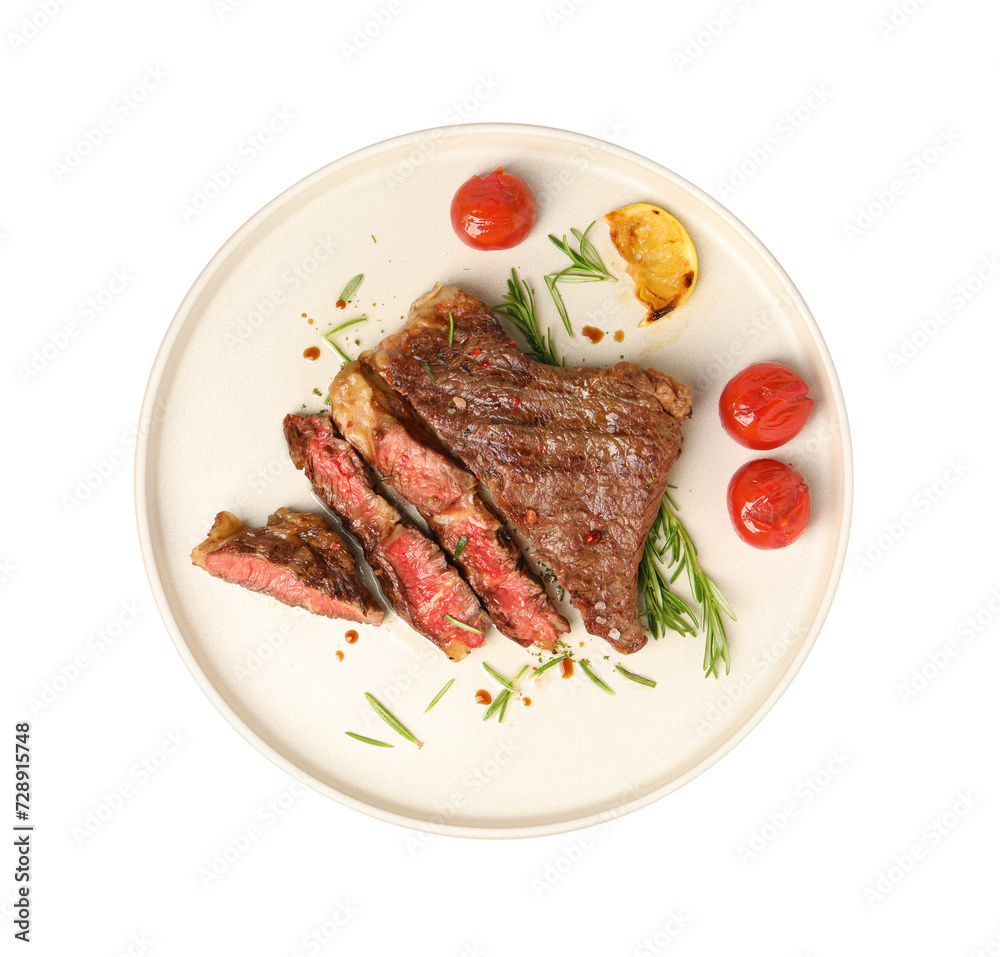 Plate with delicious grilled beef steak, tomatoes, rosemary and lemon slice isolated on white, top view Plate with delicious grilled beef steak, tomatoes, rosemary and lemon slice isolated on white, top view