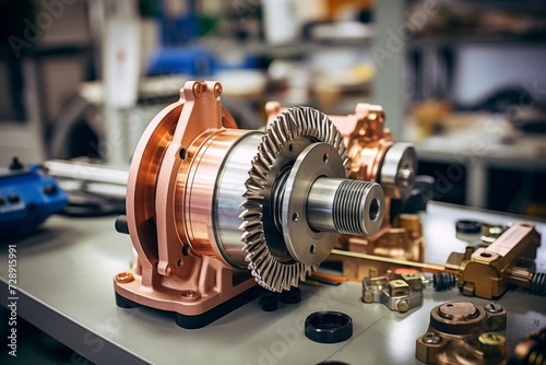 Detailed view of a Commutator, an essential part of an electric motor, surrounded by various industrial tools and machinery in a well-lit factory setting photo